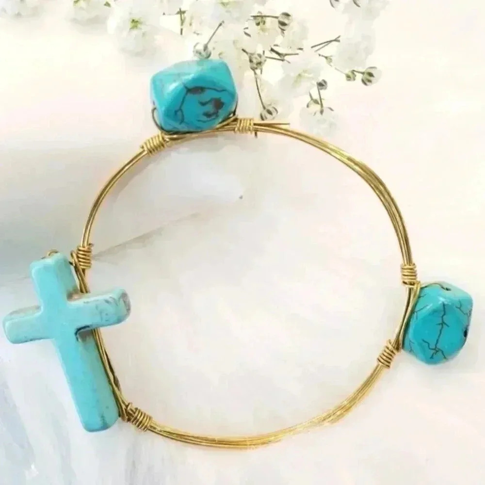 Faux Turquoise wire Bracelet Cross
